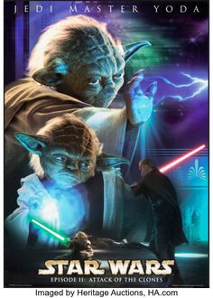 the poster for star wars, featuring yoda and obi - wan in action