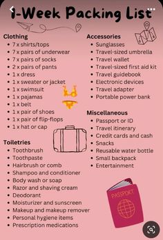 a pink poster with the words packing list on it and pictures of different things to pack in