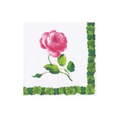 a napkin with a pink rose on it and green leaves around the edges, in front of a white background