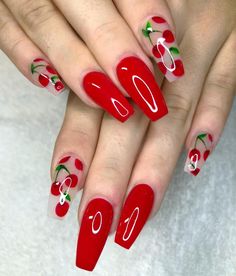 189 Likes, 8 Comments - DM for Booking (@nailsbyalma_) on Instagram: “Loving the 🍒 🍒🍒#rednails” Unghie Sfumate, French Pedicure, Red Nail Art, Red Acrylic Nails, Cherry Nails, Cute Nail Art Designs, Cute Nail