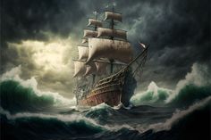 a painting of a ship in the middle of an ocean with storm clouds above it