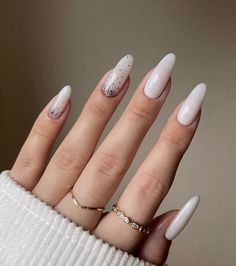 White Almond Nails, Prom Nail Designs, Nail Board, Milky Nails, Spring Acrylic Nails, February Nails, White Glitter Nails, Almond Nails Designs