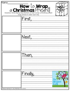 christmas writing practice sheet for kids with presents on the tree and presents in the present box