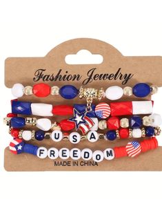 Stretch Bracelet Set American Independence Day, Rodeo Cowgirl, American Independence, Watches Women Fashion, Elastic Bracelet, Layered Bracelets, Usa Flag, Stretch Bracelet, Stretch Bracelets