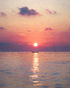 a painting of a sunset over the ocean with a small boat in the foreground