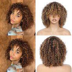 PRICES MAY VARY. Short Cruly Wig Quality:100% real human hair short curly wigs,best quality virgin hair,can be straightened,curled, and re-styled,silky and super soft touch,full of bounce.tangle free,last long time.just looks like and grew out from your scalp Curly Wig Cap Size:medium cap size (21.25"-22.5"),with Adjustment Straps,which can be adjusted tightness to fit all different size head.can fix the wig, making it more comfortable to wear Short Curly Wigs Feature:None Lace Front Wigs With B Wigs With Bangs For Black Women, Short Curly Hair With Bangs, Lace Front Wigs With Bangs, Wigs For Kids, Bangs For Black Women, Hair Short Curly, Pretty Curls, Brown And Blonde, Human Hair Color