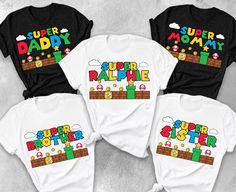 three t - shirts with the words super mario bros and super mario letters on them