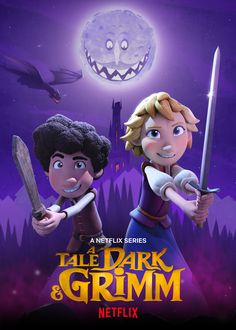 the tale of the dark and grimm poster with two children holding swords in front of a full moon