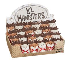 a box filled with lots of brown and white stuffed animals next to a sign that says l'hamsters