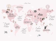 a pink world map with animals and hot air balloons in the shape of the countries