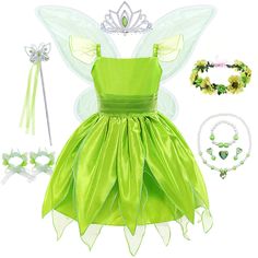 a green fairy costume with accessories including necklaces, bracelets and tiara for girls