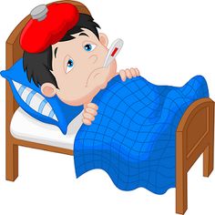 a little boy laying in bed with thermometer on his nose and wearing a red cap