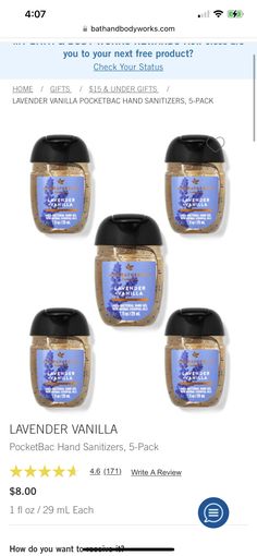 four bath and body works lavender vanilla hand sanitizers are on sale for $ 3 99 each