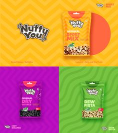 three bags of nuts on different colors and patterns, with the words nutty you above them