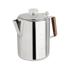 a stainless steel coffee pot with wooden handle