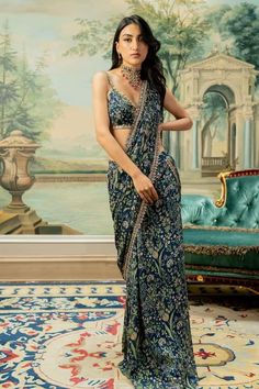 Blue Floral Saree, Paulmi And Harsh, Pre Stitched Saree, Indian Fits, Mirror Lace, Hand Dress, Stitched Saree, Saree And Blouse, Indian Sari Dress