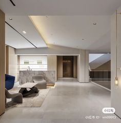 a living room with white walls and flooring next to a couch in the middle