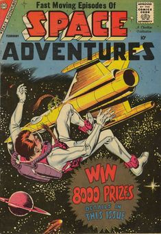 the cover to space adventures magazine, featuring an image of a man flying through space