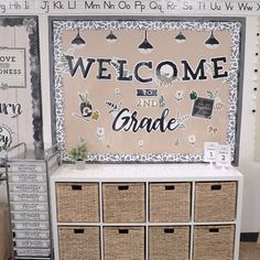 a room filled with lots of drawers and baskets next to a welcome sign on the wall