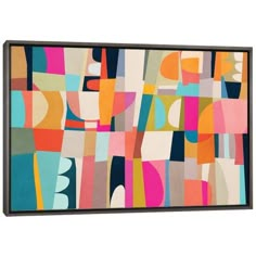 an abstract painting with many colors and shapes on a white background framed in black wood