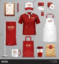 corporate identity design for bistro restaurant with apron, cap and coffee mug on grey background