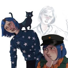 two people with cats on their shoulders and one is wearing a hat, the other has blue hair