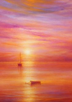 a painting of a sailboat in the ocean at sunset