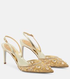 Embellished slingback pumps in gold - Rene Caovilla | Mytheresa Luxury Low Heel With Sculpted Design, Rene Caovilla Shoes, Crystal Heels, Prom Heels, Gold Pumps, Lace Heels, Sandal Platform, Blue Pumps, Rene Caovilla