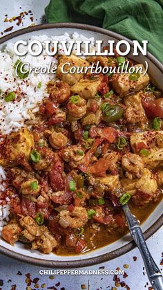 Couvillion served in a big bowl with some rice on the side. Couvillion Recipe, Creole Recipes Louisiana, Crawfish Recipes, Hearty Stew, Homemade Cajun Seasoning, Creole Cooking, Cajun Dishes, Cajun Creole Recipes, Jambalaya Recipe