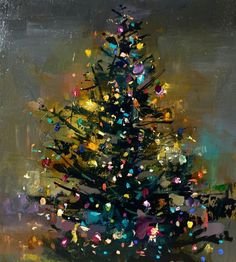 a painting of a christmas tree with colorful lights