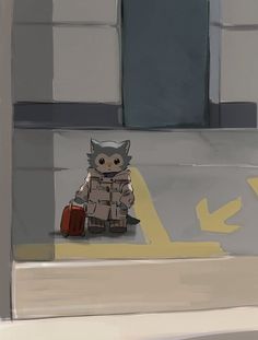 a painting of a cat in an animal suit with suitcases on the ground next to a building