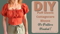 a woman in an orange blouse and khaki skirt with the words diy on it