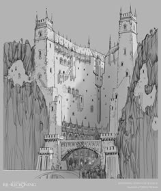 a drawing of a castle on top of a mountain with a bridge in front of it