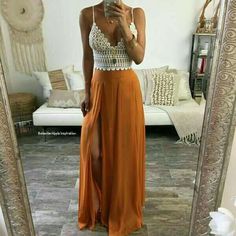 Find More at => http://feedproxy.google.com/~r/amazingoutfits/~3/P3bHS6scVn4/AmazingOutfits.page Vetement Hippie Chic, Orange Maxi Skirt, Looks Hippie, Bohemian Chic Outfits, Lace Prom Gown, Moda Hippie, Boho Mode, Boho Styl, Beautiful Evening Dresses