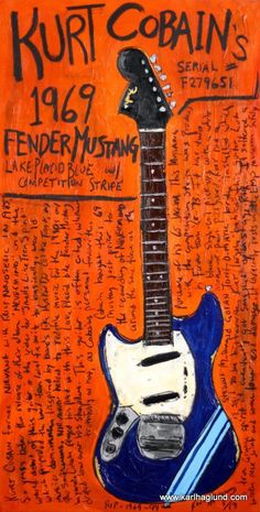 a blue and white guitar on an orange background