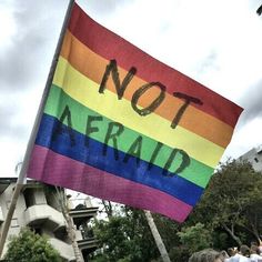 a rainbow flag with the words not afraid written on it in front of a crowd