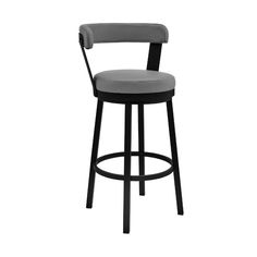 an upholstered bar stool with a black frame and grey fabric seat padding