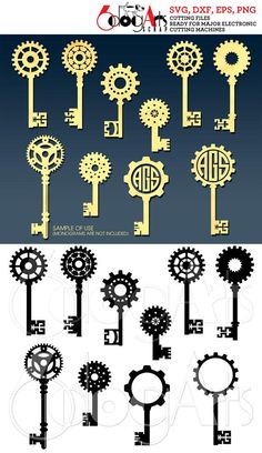 the silhouettes of different types of keys are shown in black and white, including one with