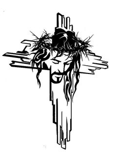 the crucifix with jesus's face and flowers on it is drawn in black ink