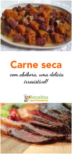 an advertisement for carne seca with meat and vegetables on the plate in spanish