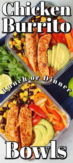 chicken burrito lunch or dinner bowls with avocado, corn and tomatoes