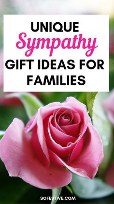 a pink rose with the words unique sympathy gift ideas for families on it's side