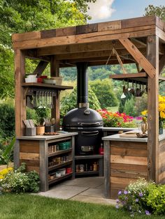 an outdoor kitchen made out of pallets and wood with a grill on the outside