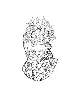 a black and white drawing of a bearded man with flowers in his hair, wearing a suit