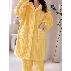 Season:Winter,Fall; Fabric:Coral Fleece Coral Velvet; Sleeve Length:Long Sleeve,Long Pant; Gender:Women's; Nightwear Style:Pajamas,Sets; Style:Casual,Fashion,Soft,Plush,Warm; Elasticity:Micro-elastic; Tops Type:Cardigan; Occasion:Daily,Bed,Home; Age Group:Adults; Function:Warm,Breathable; Pattern:Pure Color; Design:Buttons,Pocket; Neckline:Hoodie; Bottom Type:Pant; Listing Date:09/08/2023 Winter Home Outfit, Fancy Pajamas, Hooded Pajama, Coral Bedding, Velvet Sleeve, Pink Wrap, Cardigan Style, Women's Sleepwear, Pajamas Sets