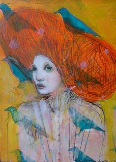 a painting of a woman with an orange hat