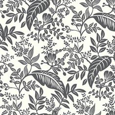 a black and white floral wallpaper with lots of leaves on the top of it