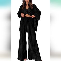 Womens Loungewear Set 2 Piece Sweatsuits Outfits Casual Pleated Long Sleeve Button Down Shirt And Palazzo Pants Chic Black V-neck Sets, Chic Black Long Sleeve Set, Elegant Black Pants Set, Elegant Black Long Pants Set, Black Wide Leg Jumpsuits And Rompers For Loungewear, Black Wide Leg Jumpsuits For Loungewear, Black Long Pants Sets For Spring, Black Two-piece Long Sleeve Set, Black Sets With Long Pants For Spring