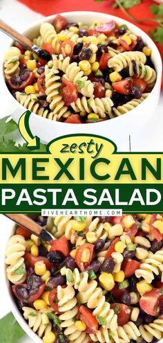 two bowls filled with pasta salad and the words easy mexican pasta in red above them