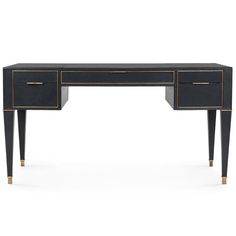 a black desk with two drawers and gold trimmings on the top, against a white background